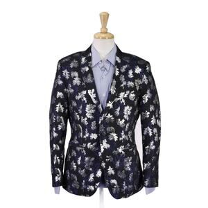 INC Slim Black Silver Blue Jacquard Print Metallic Formal Jacket Blazer M/38S